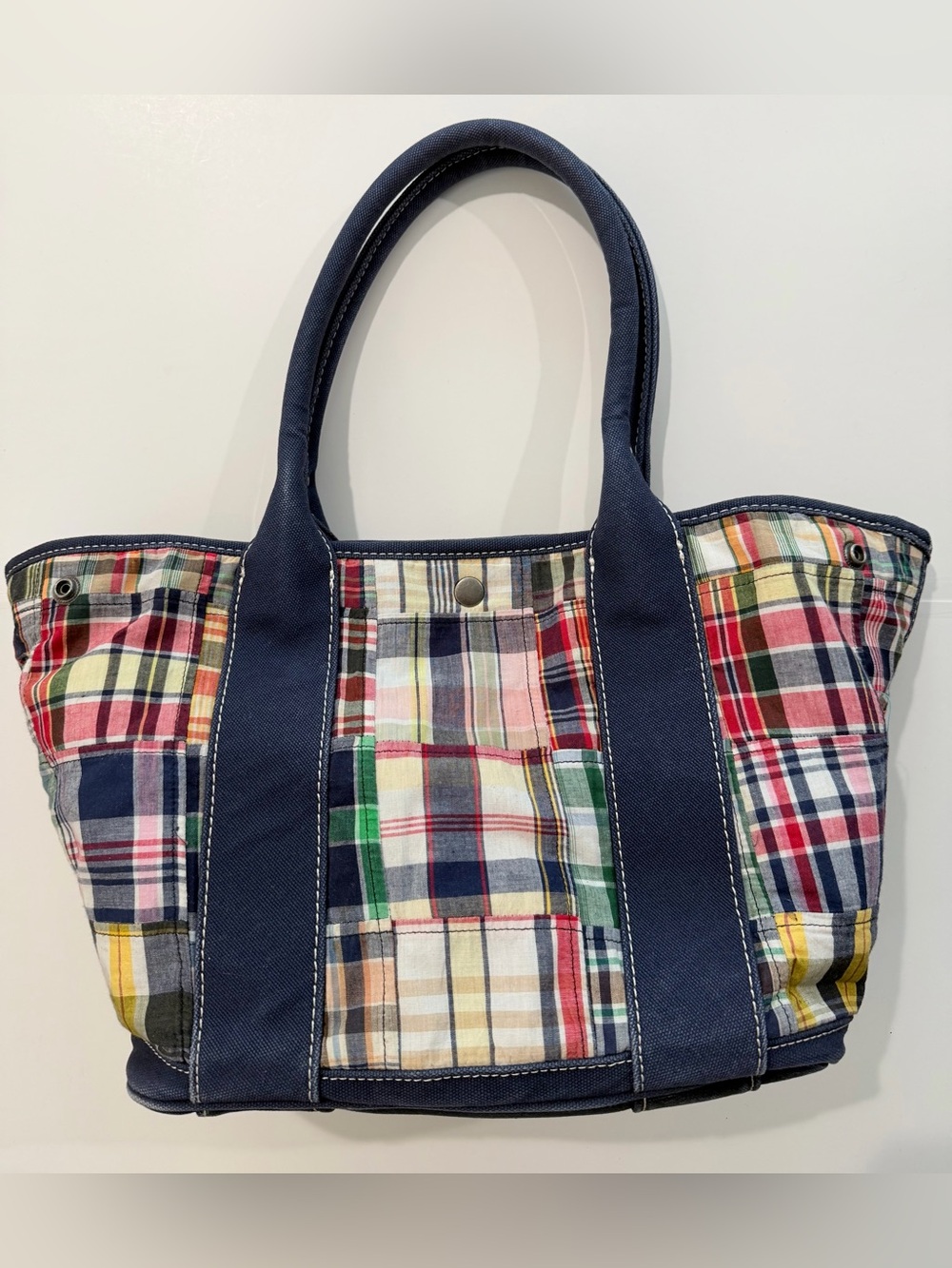 Madras Patchwork Plaid Vintage J.Crew Large Tote Bag Navy Canvas - Picture 2 of 16